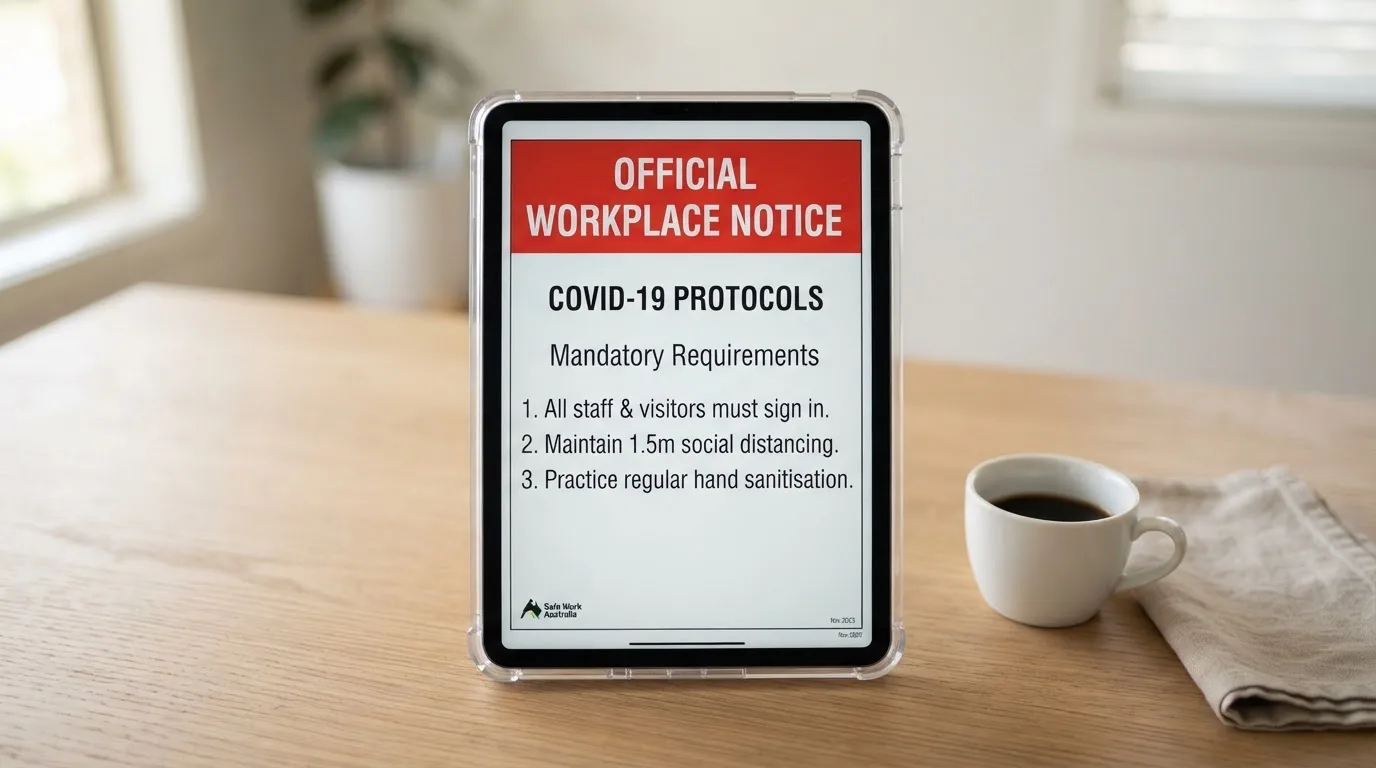 A tablet screen displaying an official regulator warning notice on a desk beside a coffee cup.