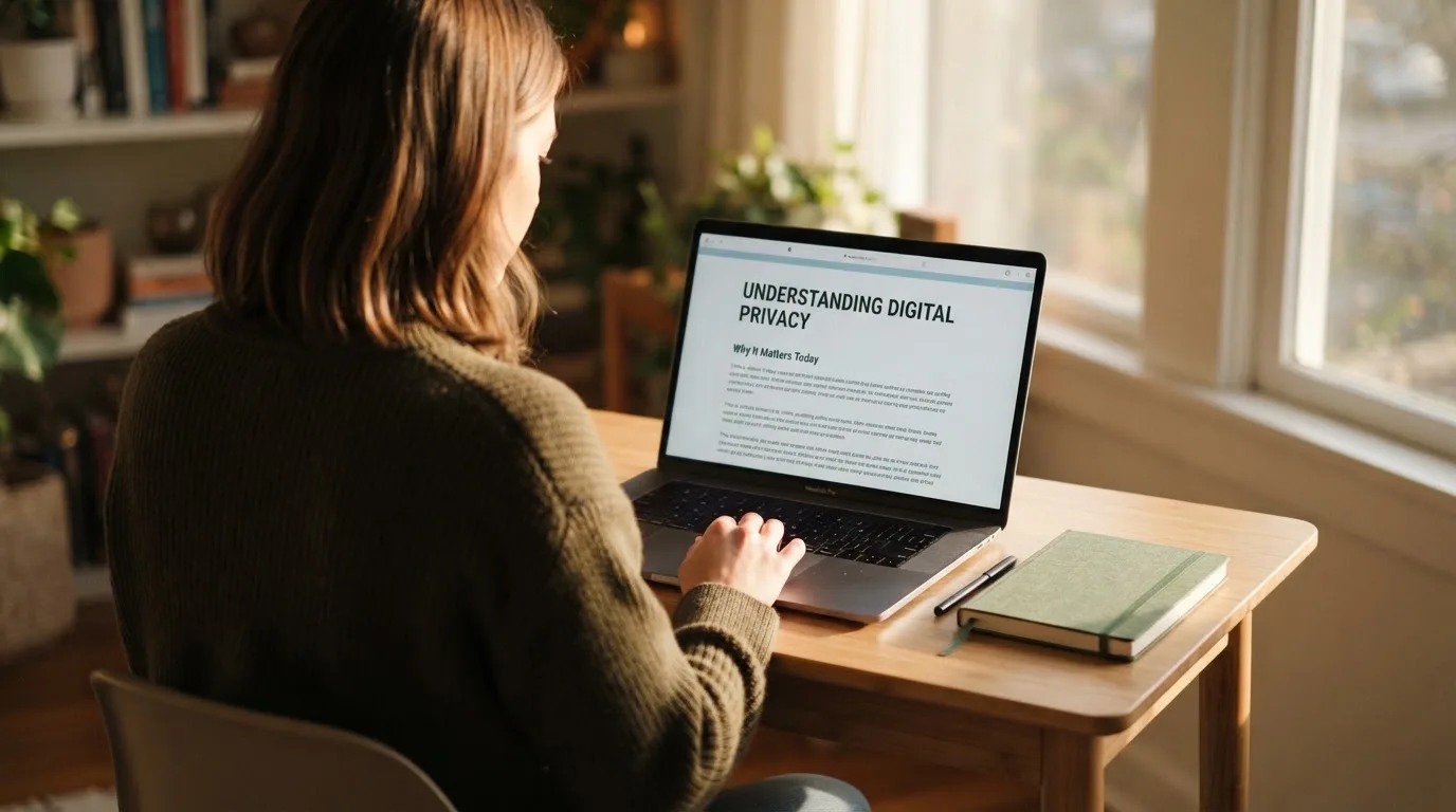 A person at a laptop reading a plain-language explainer article at a home desk.