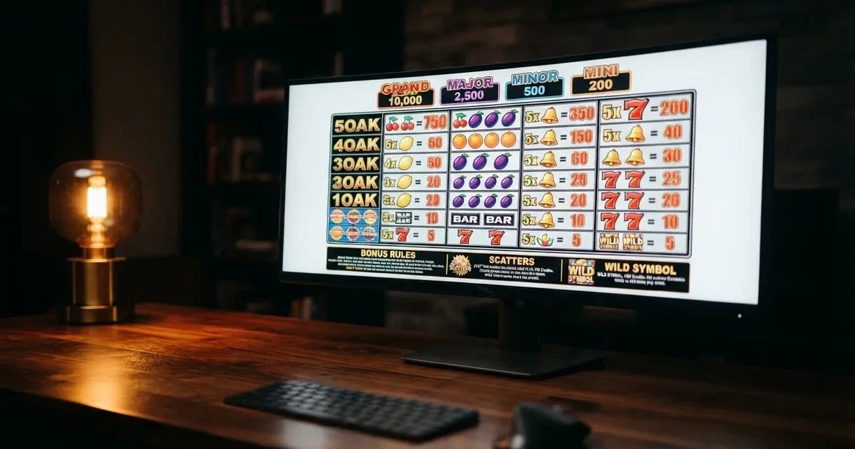 A slot machine's paytable screen glowing on a monitor in a dim room.