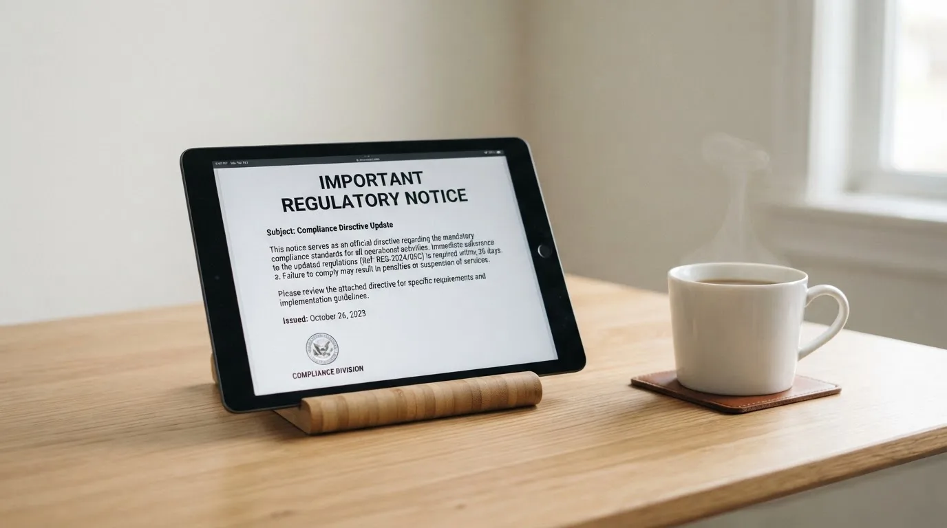 A tablet screen displaying an official regulator warning notice on a desk beside a coffee cup.