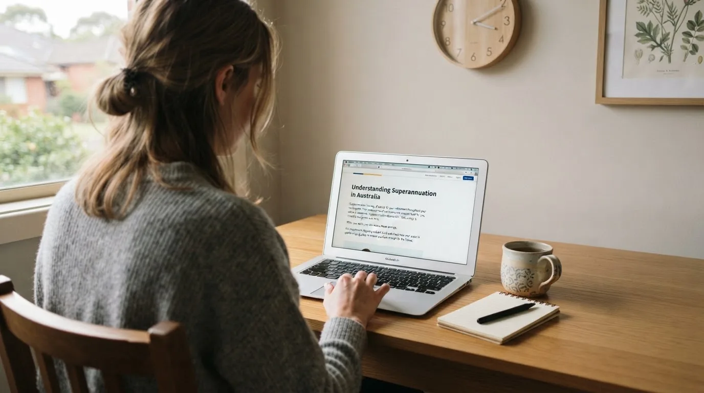 A person at a laptop reading a plain-language explainer article at a home desk.
