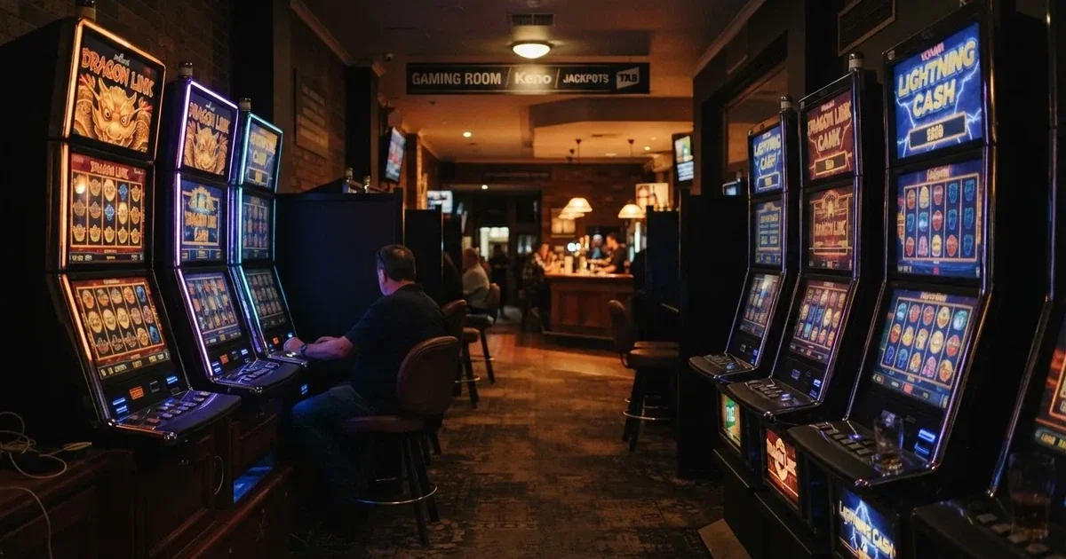 Rows of electronic gaming machines lit up inside a suburban pub near Adelaide's CBD.