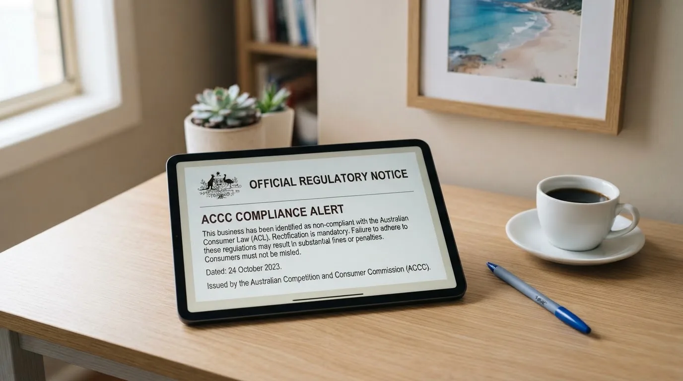 A tablet screen displaying an official regulator warning notice on a desk beside a coffee cup.