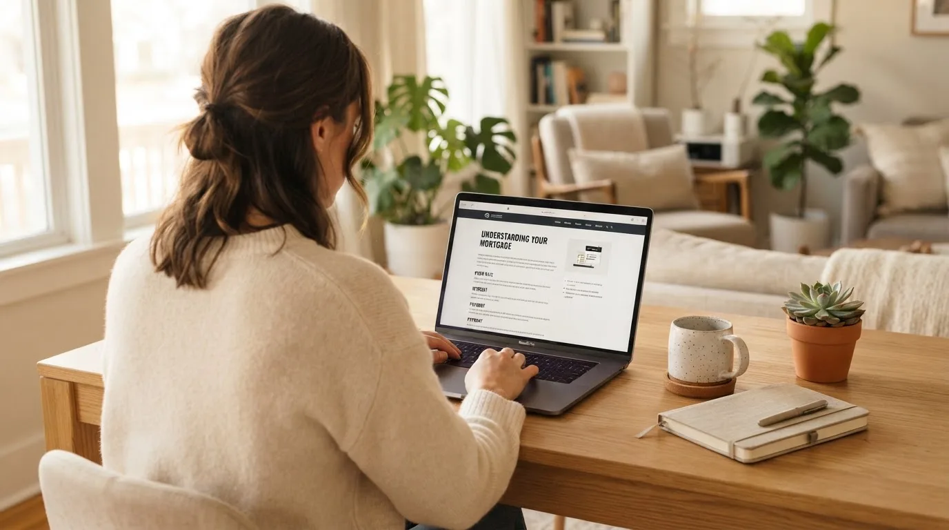 A person at a laptop reading a plain-language explainer article at a home desk.