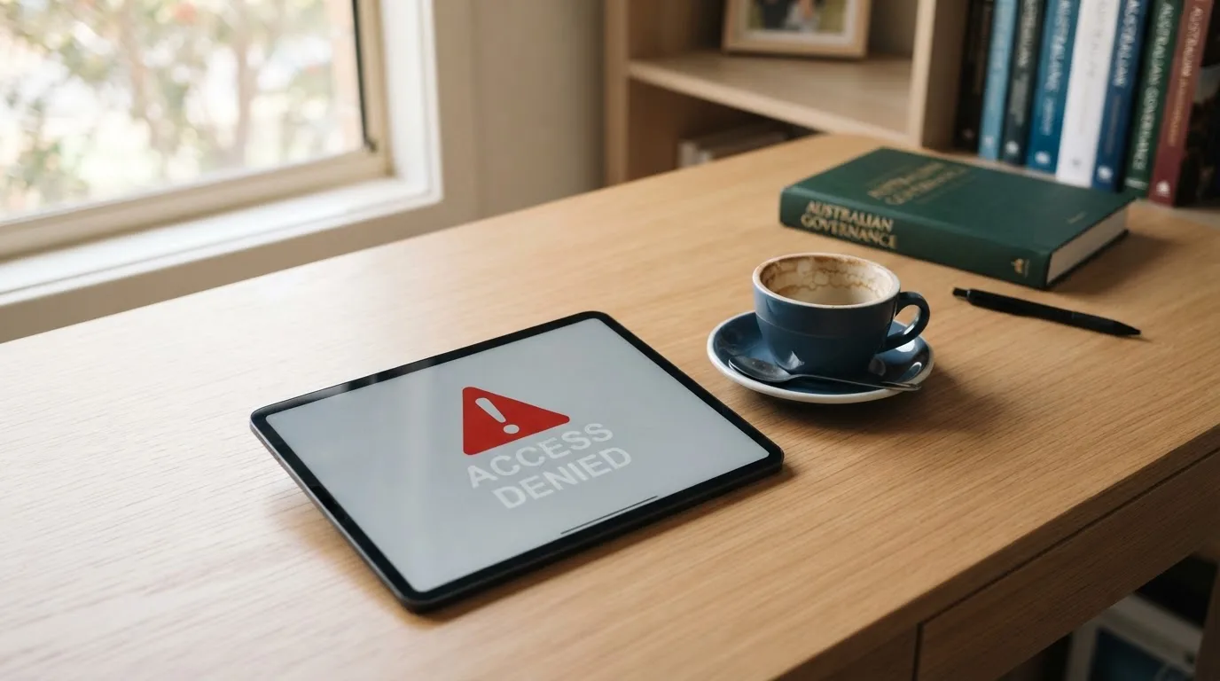 A tablet screen displaying an official regulator warning notice on a desk beside a coffee cup.