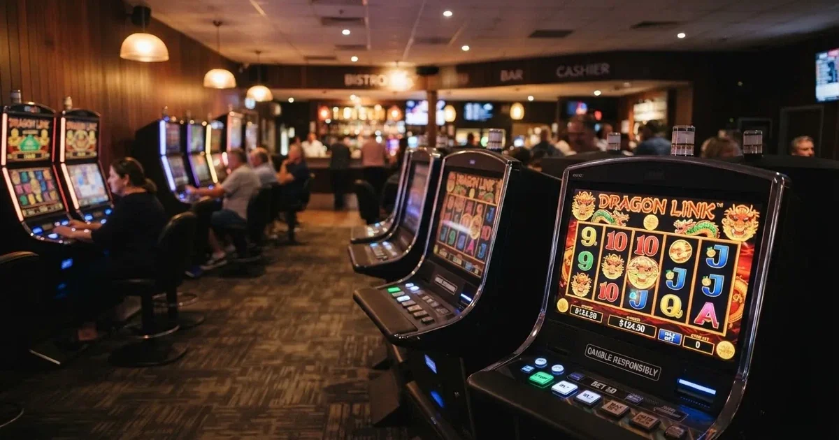 Gaming machines lined up inside a licensed club in central Canberra.