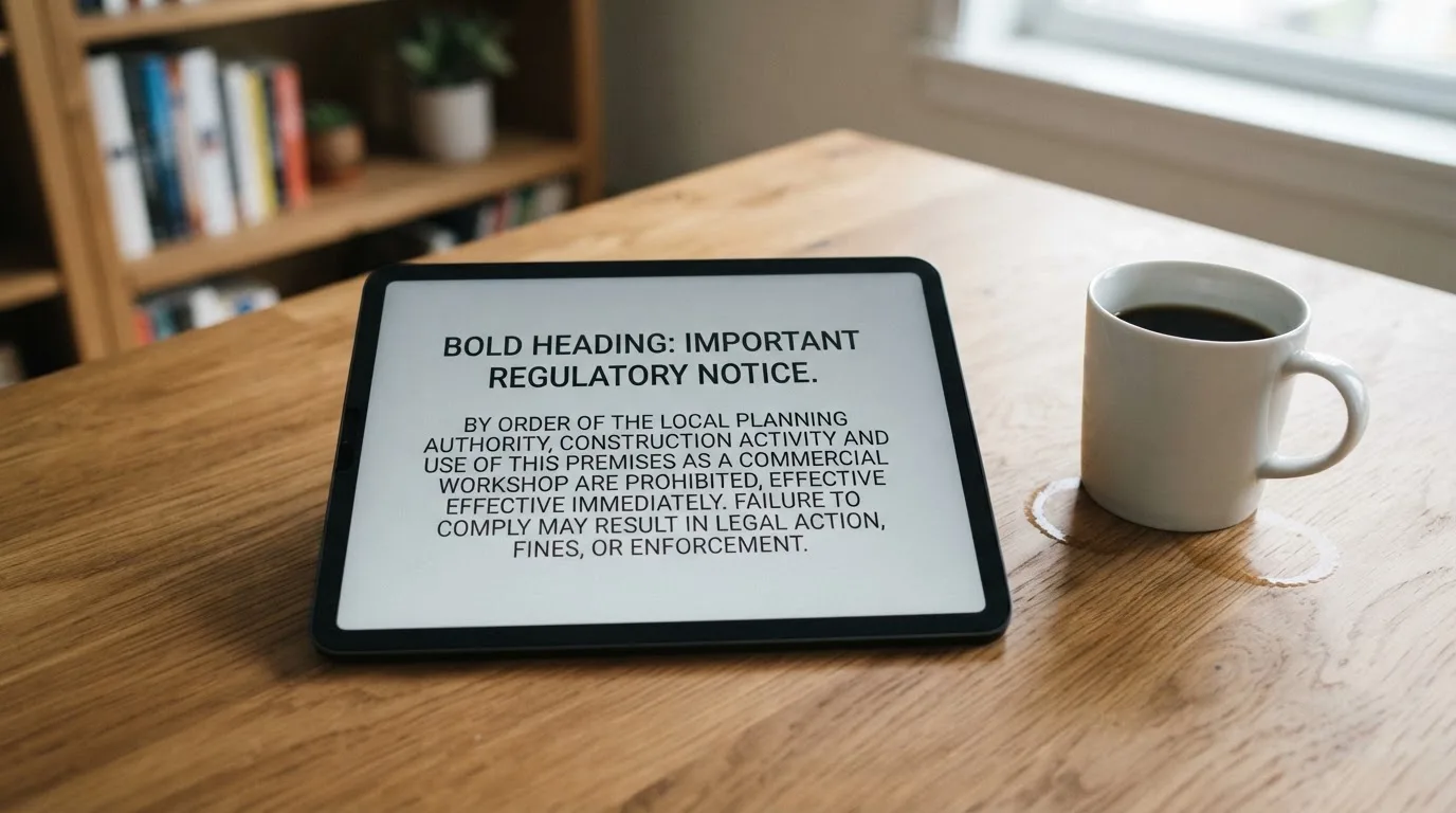 A tablet screen displaying an official regulator warning notice on a desk beside a coffee cup.