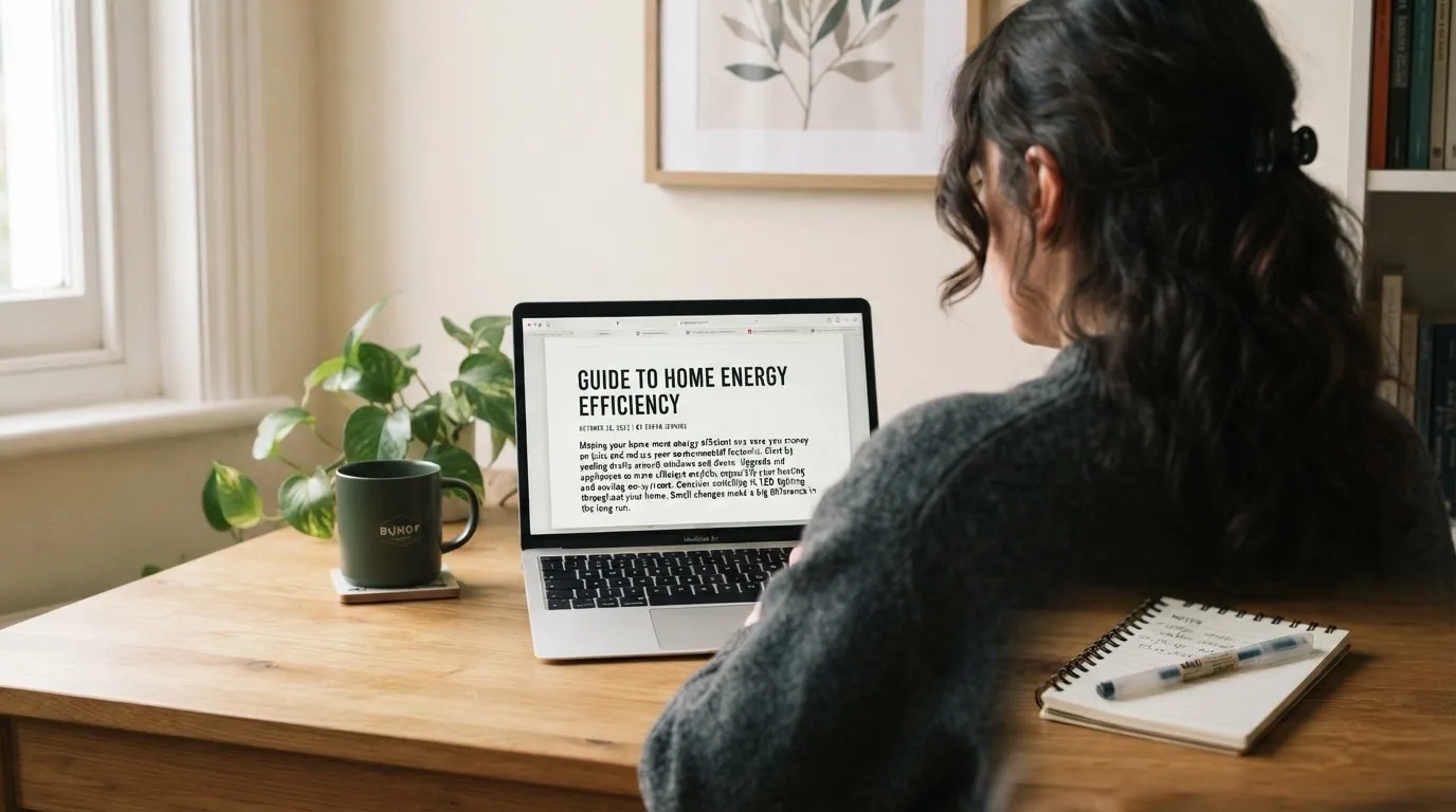 A person at a laptop reading a plain-language explainer article at a home desk.