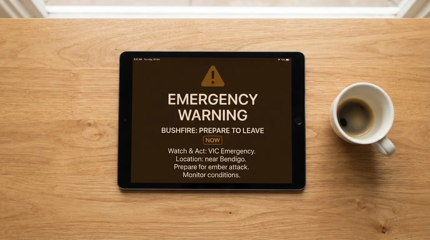 A tablet screen displaying an official regulator warning notice on a desk beside a coffee cup.