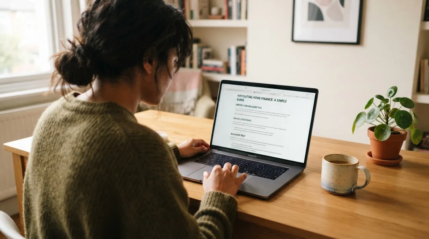 A person at a laptop reading a plain-language explainer article at a home desk.