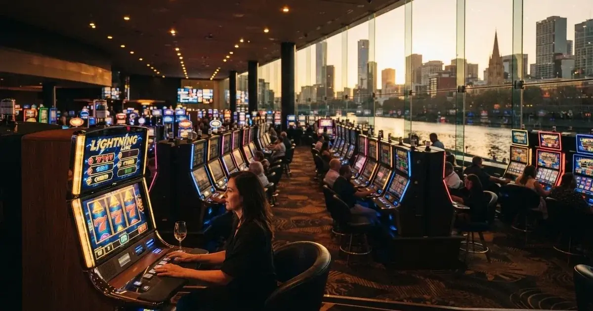 A gaming floor with rows of electronic machines beside the Yarra River in Melbourne.