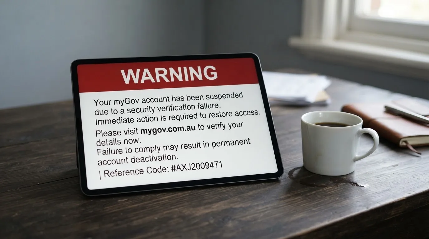 A tablet screen displaying an official regulator warning notice on a desk beside a coffee cup.