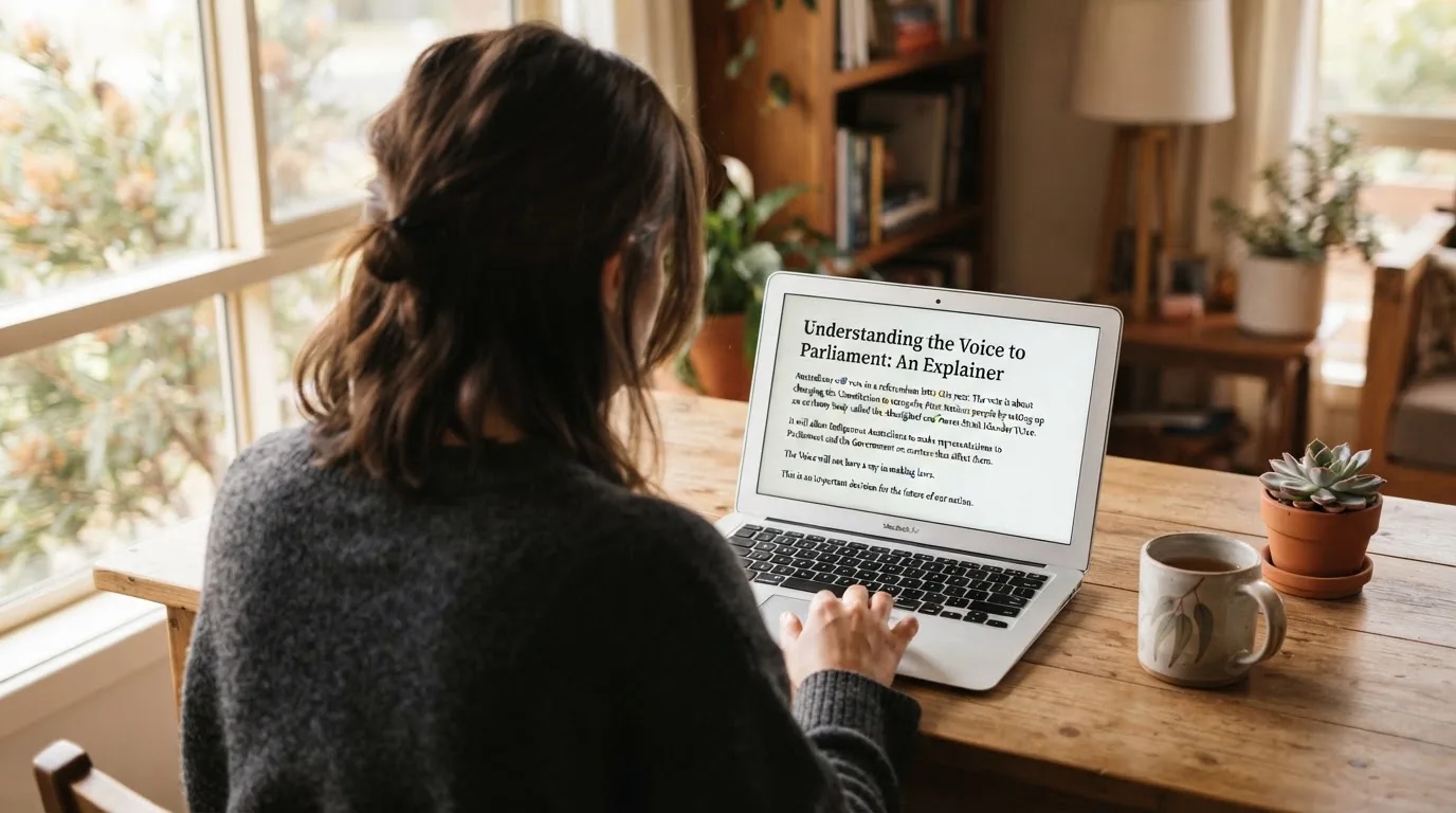 A person at a laptop reading a plain-language explainer article at a home desk.