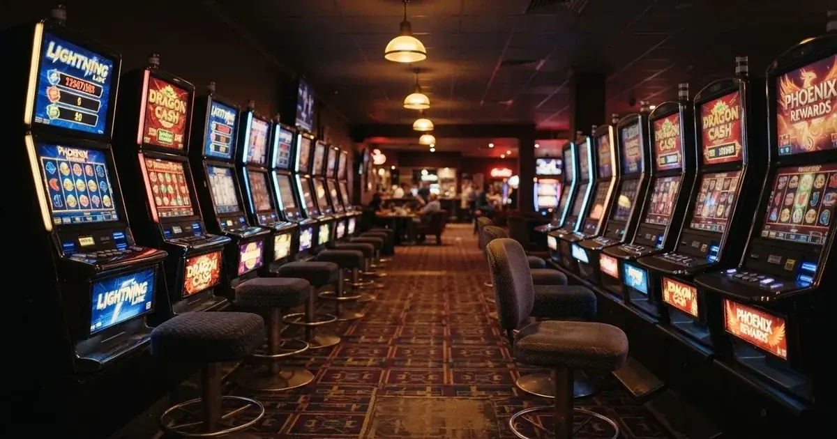 A row of gaming machines inside a suburban registered club in regional New South Wales.