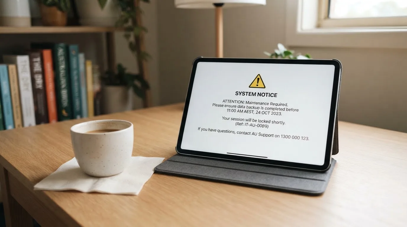 A tablet screen displaying an official regulator warning notice on a desk beside a coffee cup.