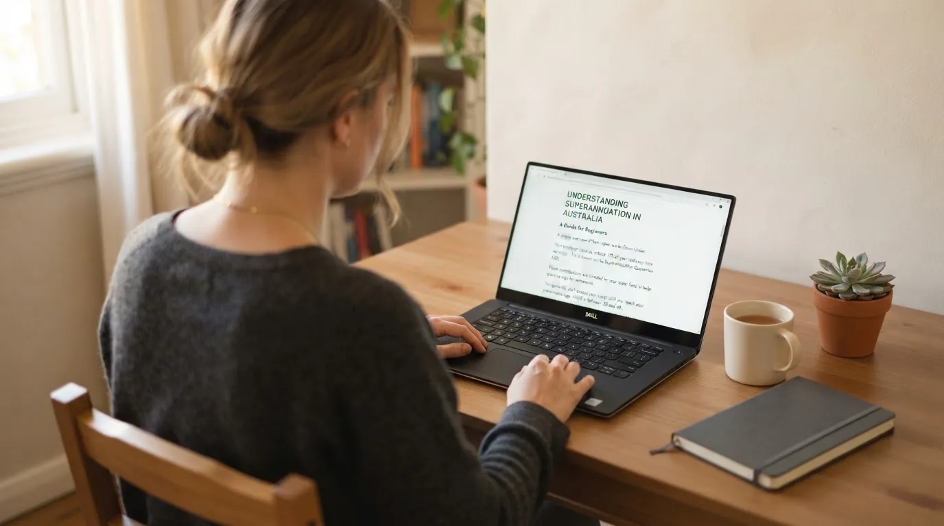 A person at a laptop reading a plain-language explainer article at a home desk.