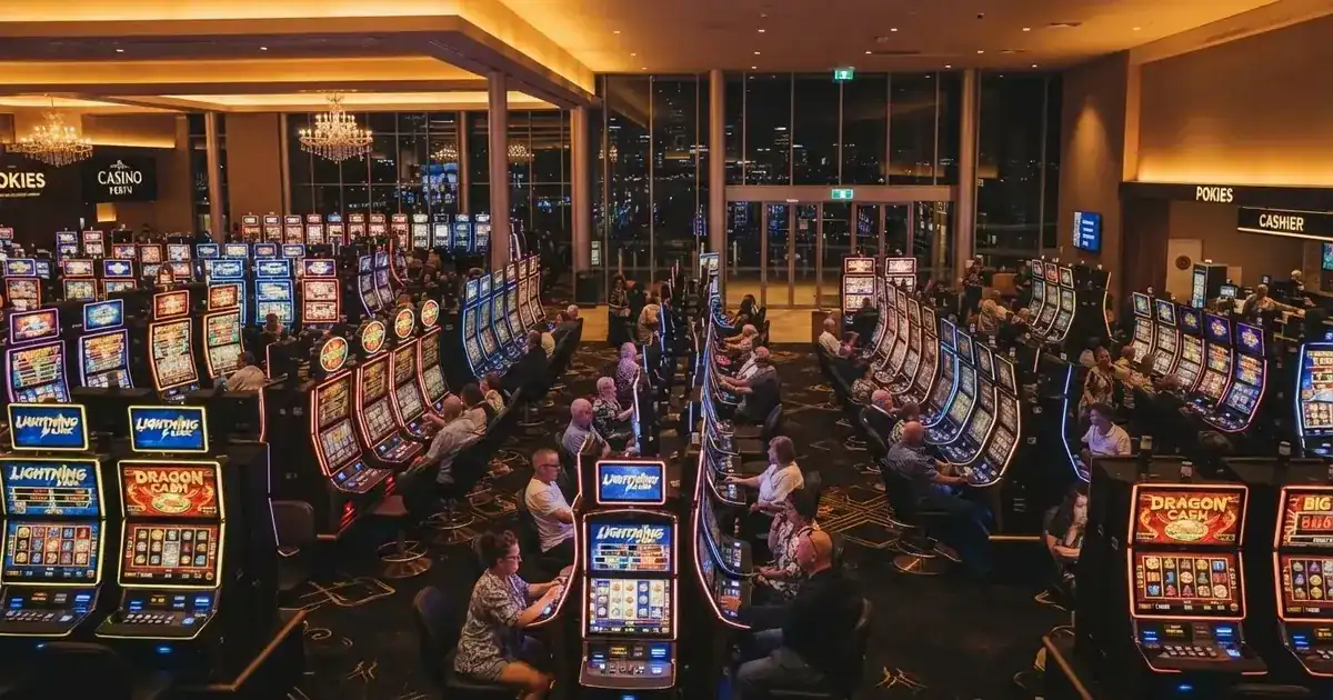 A casino resort gaming floor with rows of electronic machines in Perth.