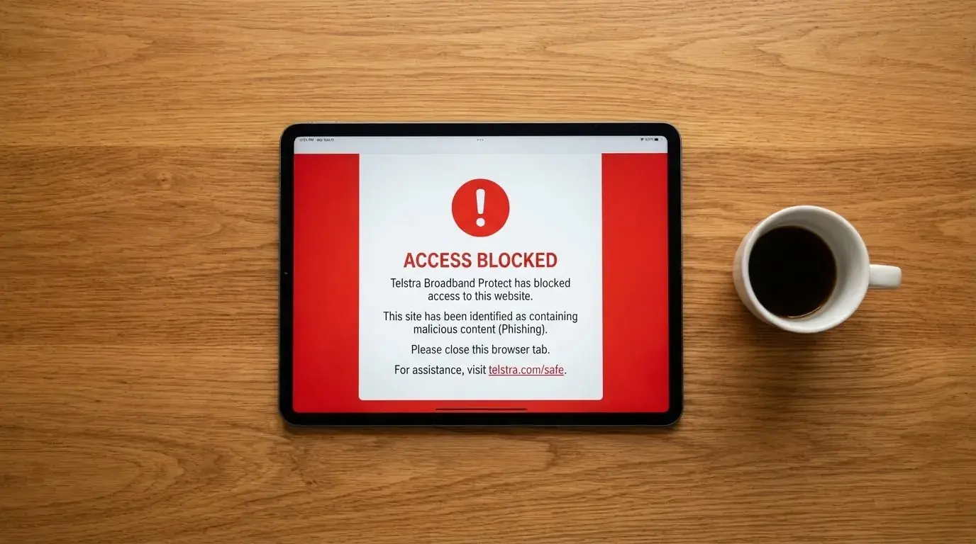 A tablet screen displaying an official regulator warning notice on a desk beside a coffee cup.