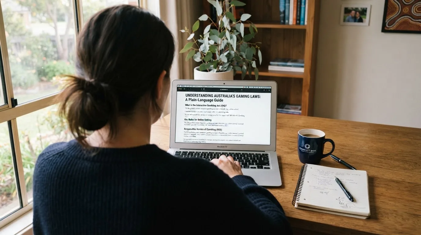 A person at a laptop reading a plain-language explainer article at a home desk.