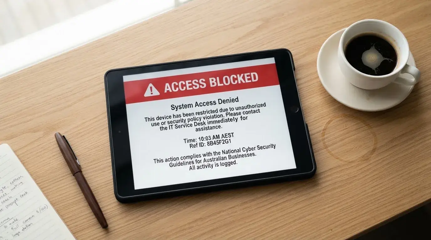 A tablet screen displaying an official regulator warning notice on a desk beside a coffee cup.