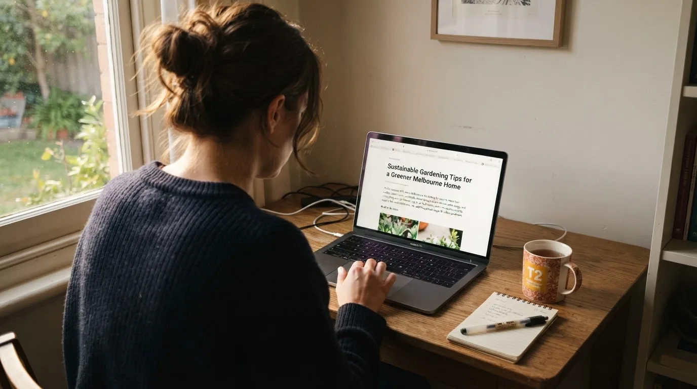 A person at a laptop reading a plain-language explainer article at a home desk.