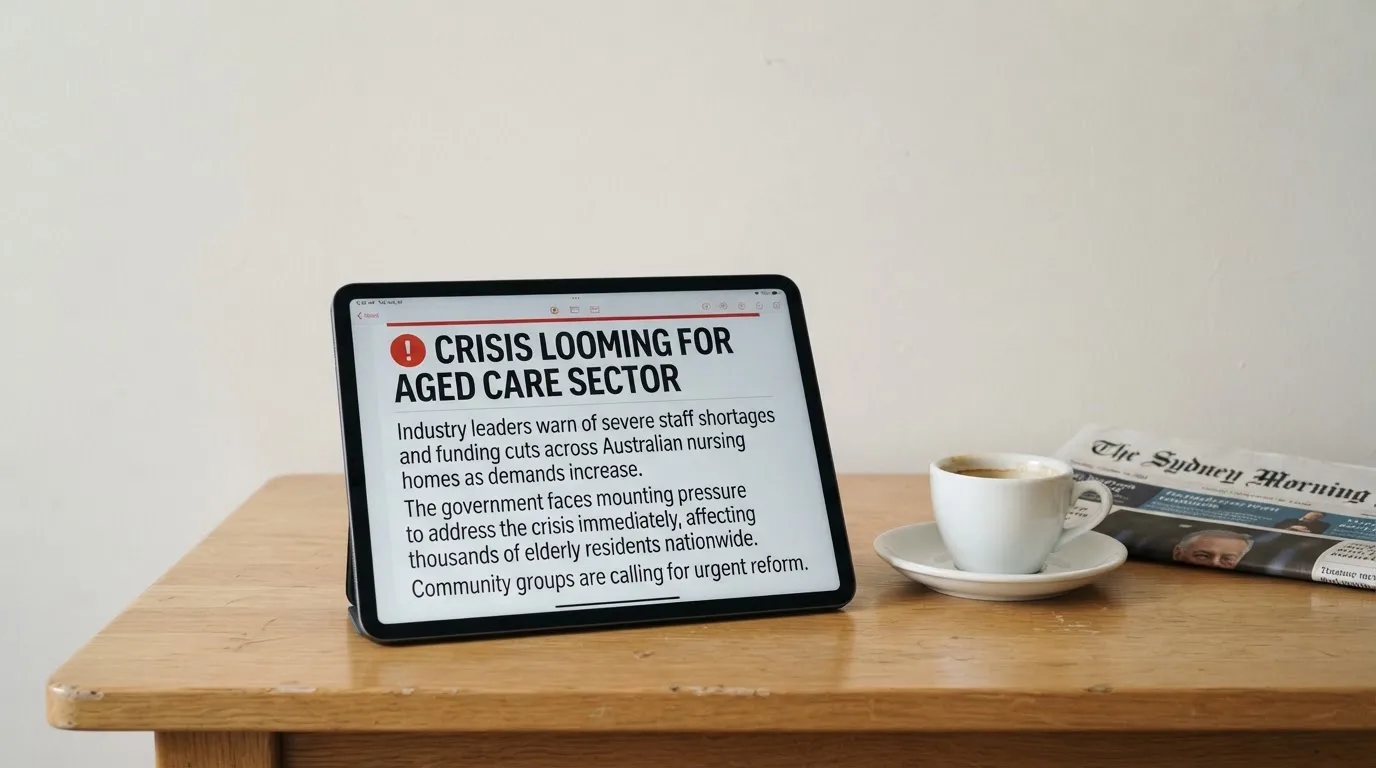 A tablet screen displaying an official regulator warning notice on a desk beside a coffee cup.