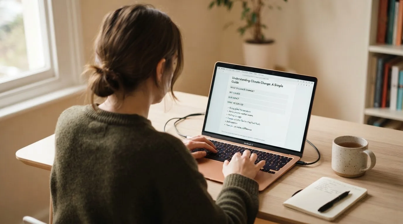 A person at a laptop reading a plain-language explainer article at a home desk.