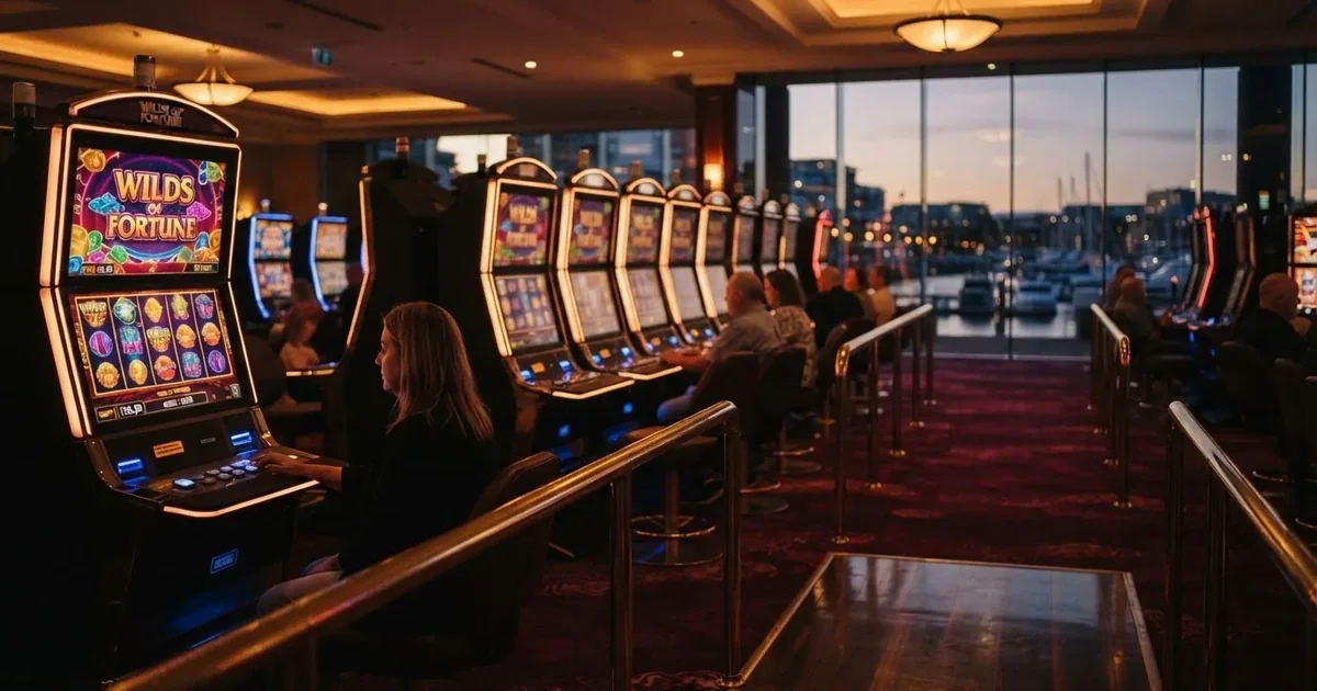 A quiet casino gaming floor inside a waterfront resort in Hobart.