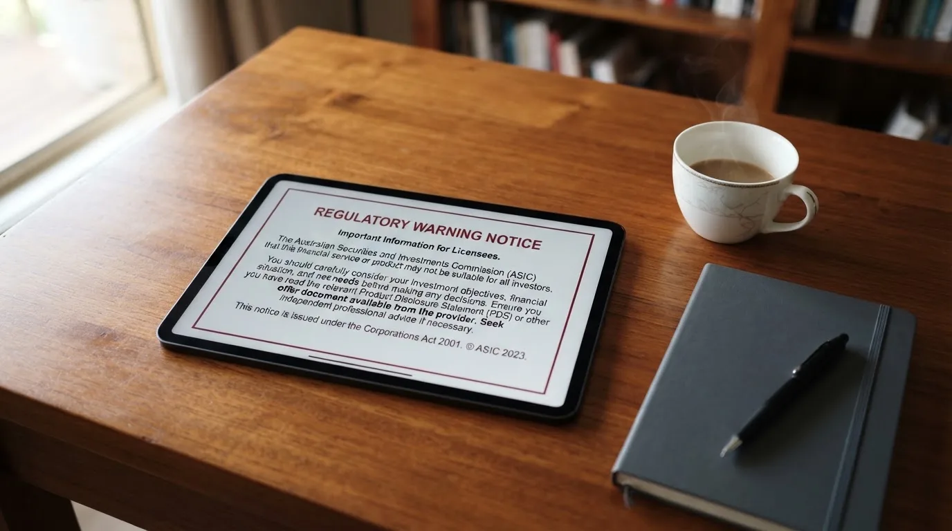 A tablet screen displaying an official regulator warning notice on a desk beside a coffee cup.