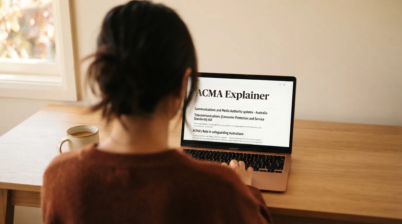 A person at a laptop reading a plain-language explainer article at a home desk.