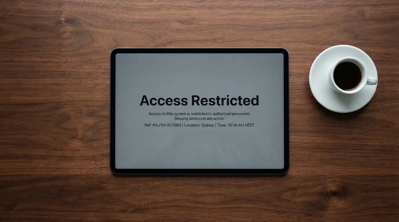 A tablet screen displaying an official regulator warning notice on a desk beside a coffee cup.