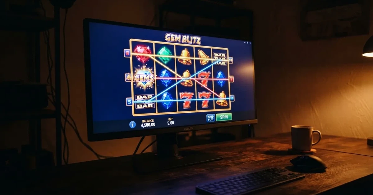 A slot machine's paytable screen glowing on a monitor in a dim room.