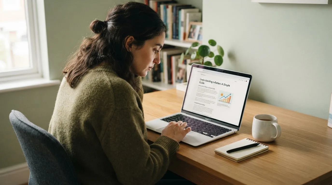A person at a laptop reading a plain-language explainer article at a home desk.
