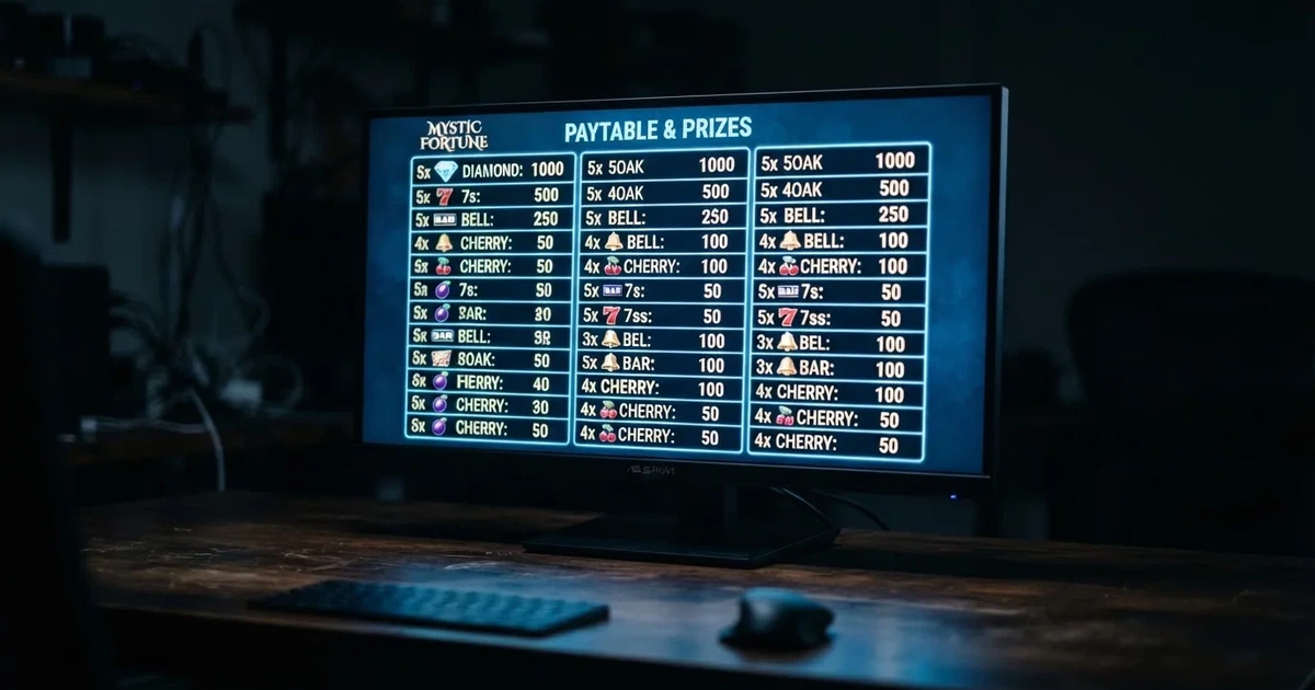 A slot machine's paytable screen glowing on a monitor in a dim room.