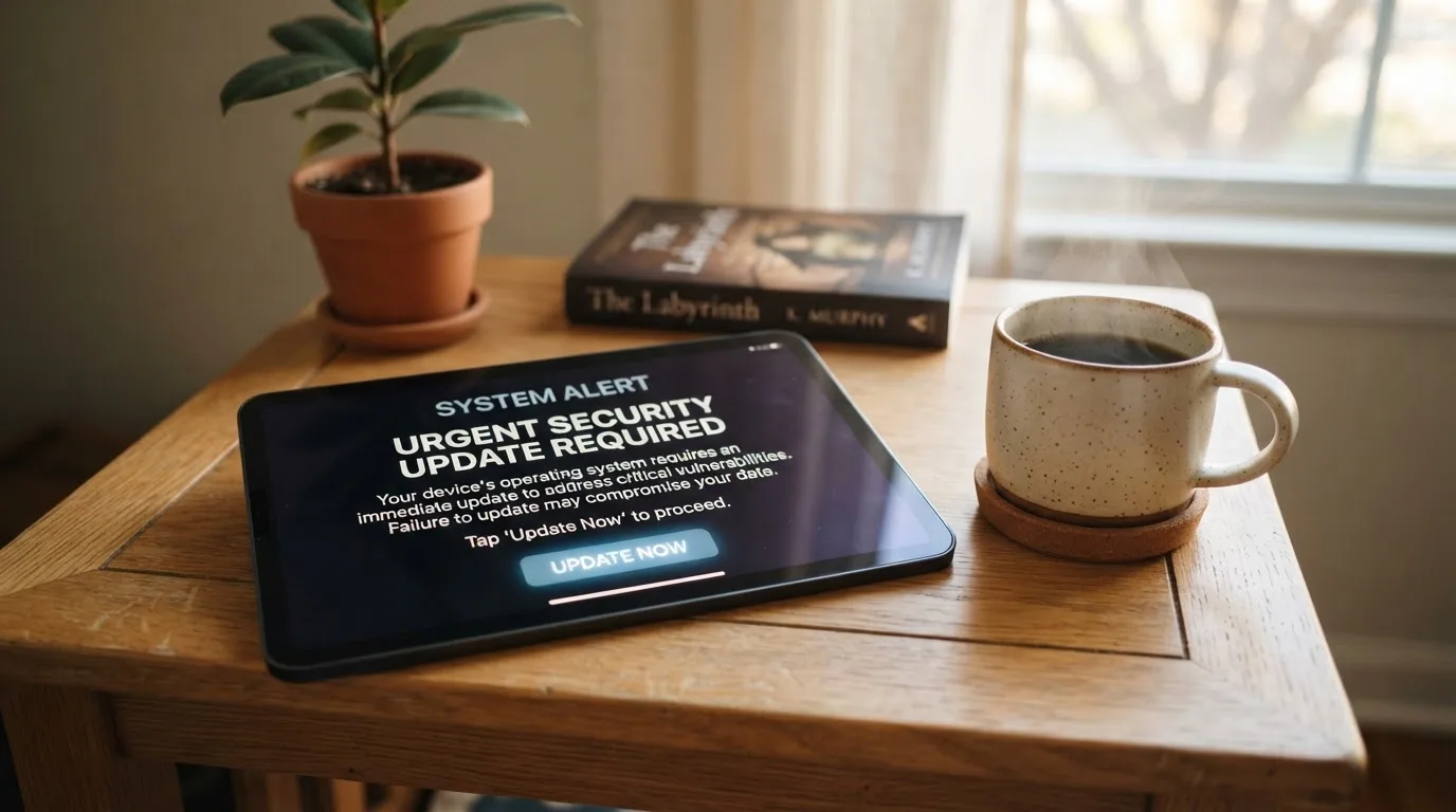 A tablet screen displaying an official regulator warning notice on a desk beside a coffee cup.