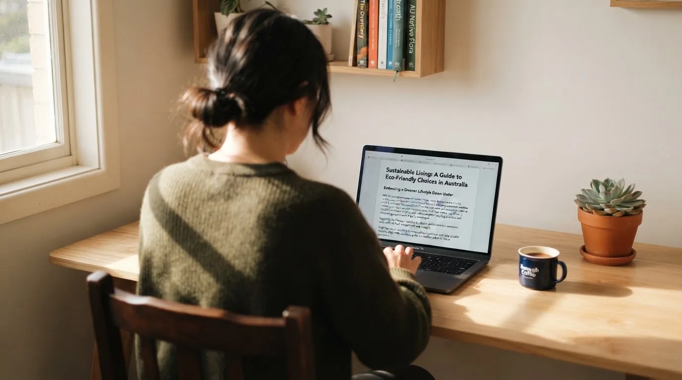 A person at a laptop reading a plain-language explainer article at a home desk.