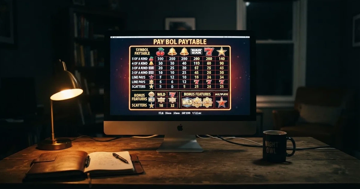 A slot machine's paytable screen glowing on a monitor in a dim room.