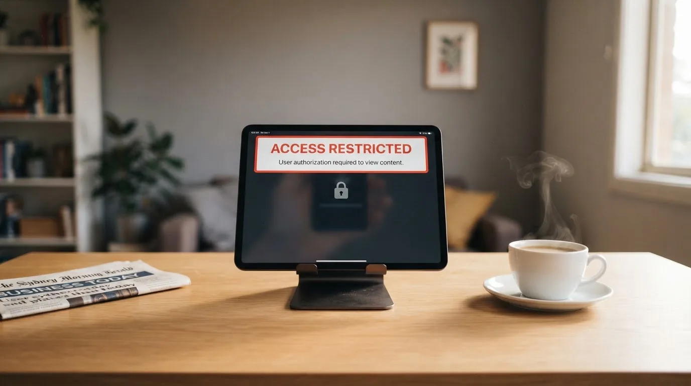 A tablet screen displaying an official regulator warning notice on a desk beside a coffee cup.