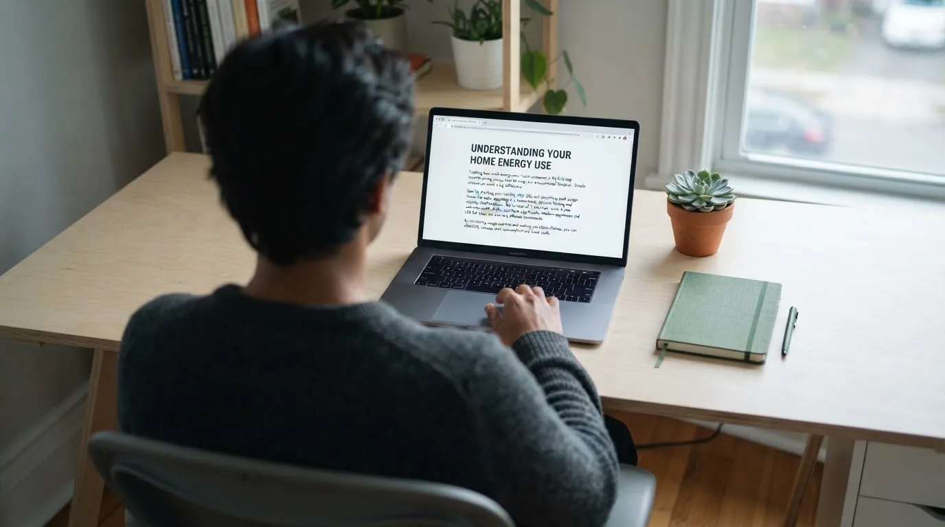 A person at a laptop reading a plain-language explainer article at a home desk.
