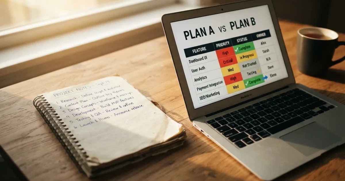 A notepad with a handwritten shortlist beside a laptop showing a comparison table.