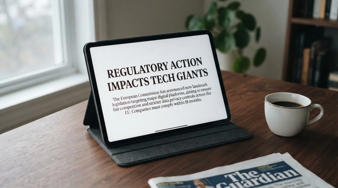 A tablet screen displaying an official regulator warning notice on a desk beside a coffee cup.