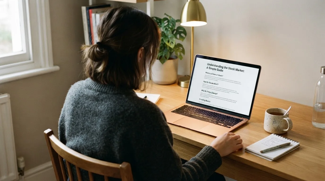 A person at a laptop reading a plain-language explainer article at a home desk.