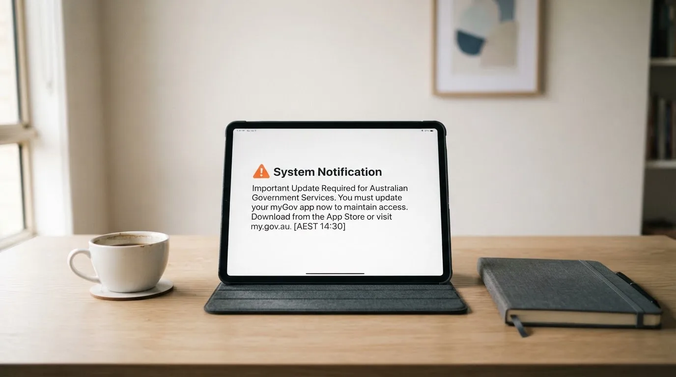 A tablet screen displaying an official regulator warning notice on a desk beside a coffee cup.