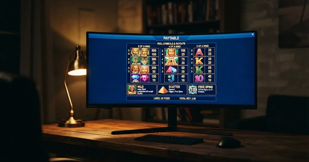 A slot machine's paytable screen glowing on a monitor in a dim room.