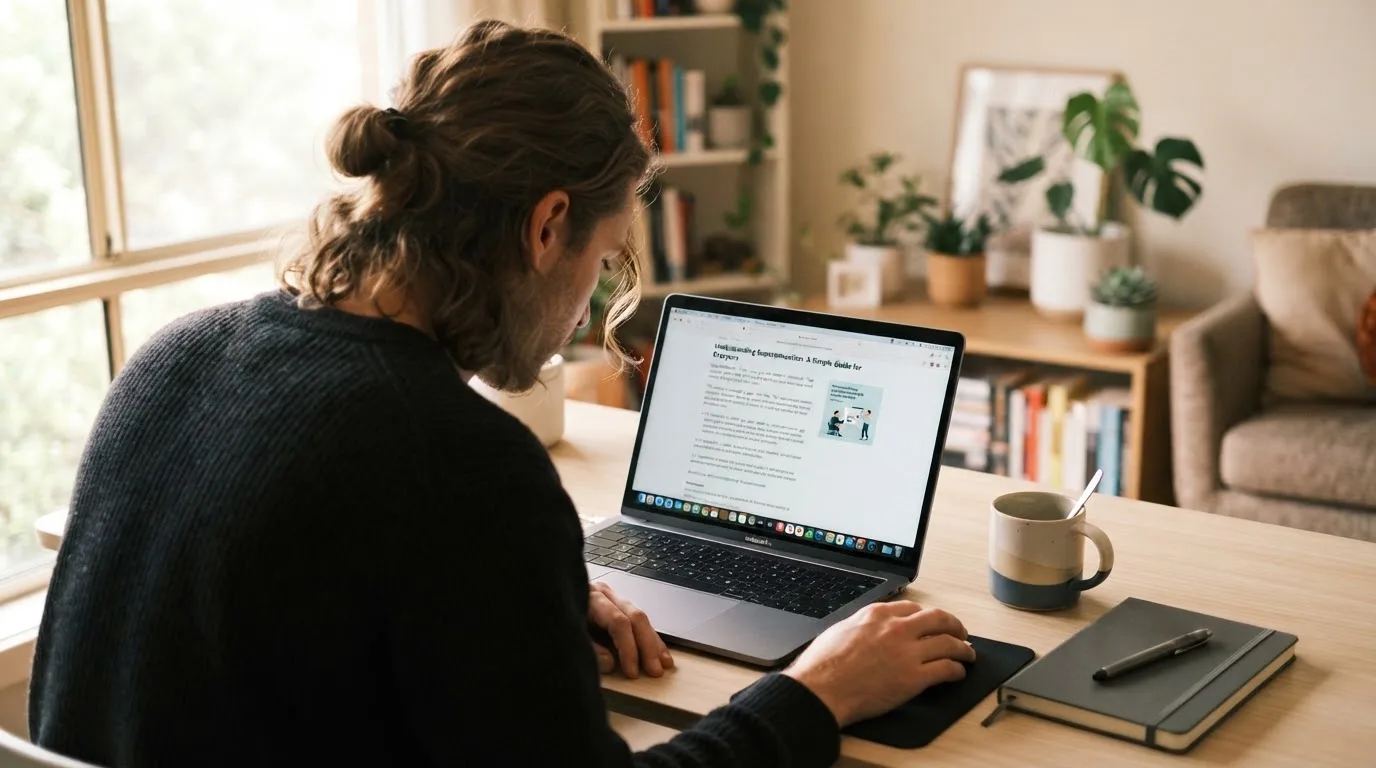 A person at a laptop reading a plain-language explainer article at a home desk.