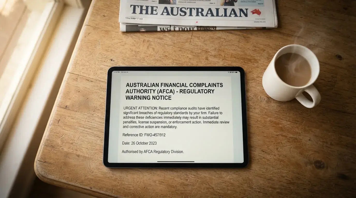 A tablet screen displaying an official regulator warning notice on a desk beside a coffee cup.
