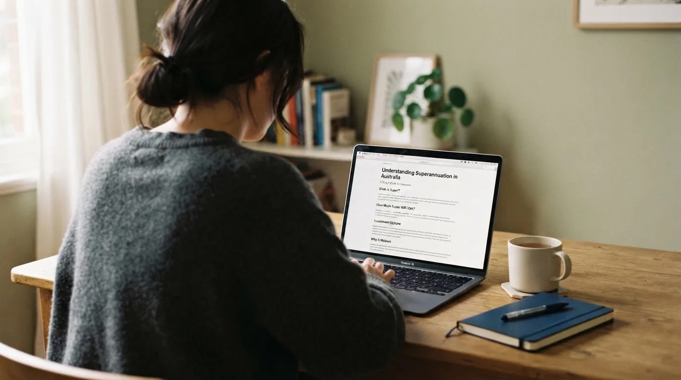 A person at a laptop reading a plain-language explainer article at a home desk.