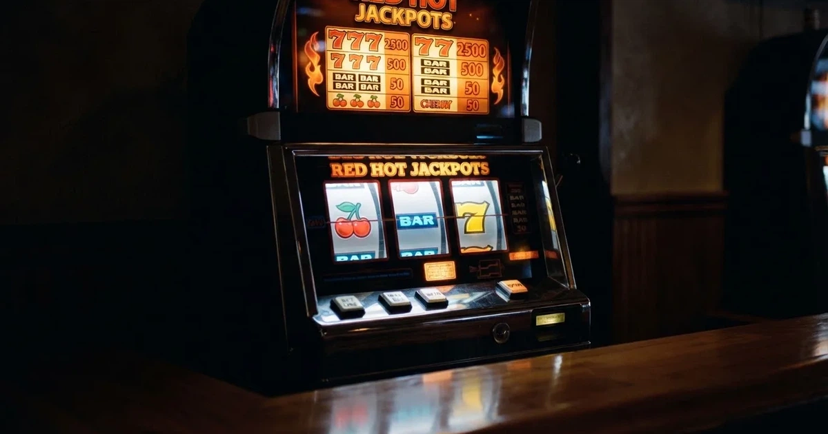 A slot machine's paytable screen glowing on a monitor in a dim room.