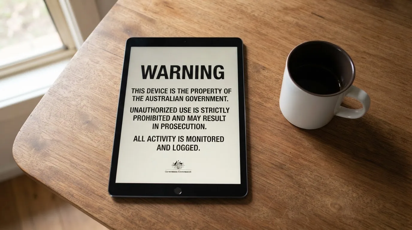 A tablet screen displaying an official regulator warning notice on a desk beside a coffee cup.