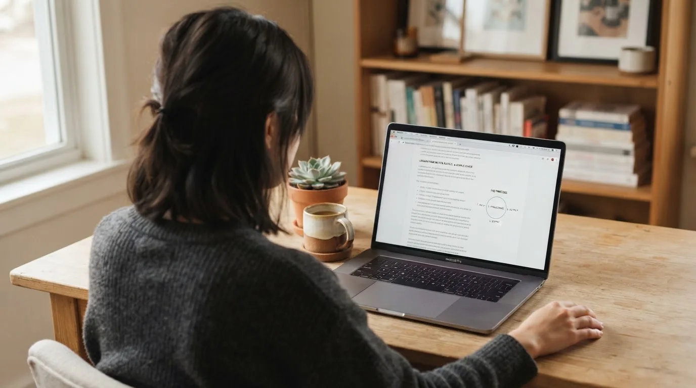 A person at a laptop reading a plain-language explainer article at a home desk.